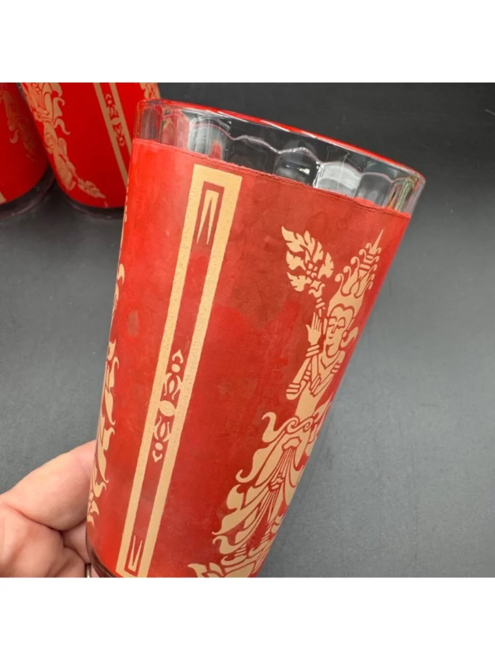 Culver Thai Goddess Highball Glasses Red Set Of 4 Vintage Art Deco Barware